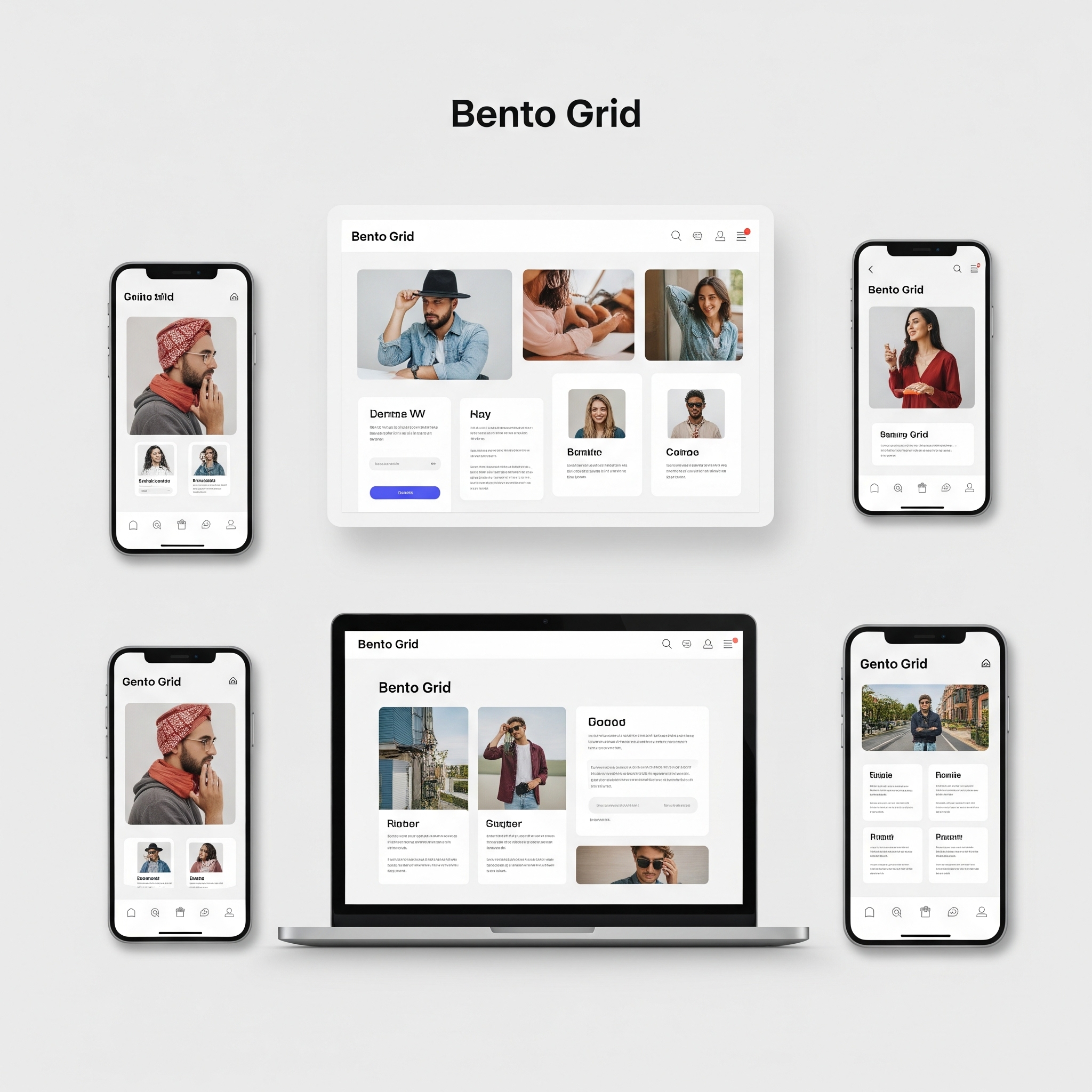 A UI demonstrating a Bento Grid layout, balancing visual elements for multiple devices.